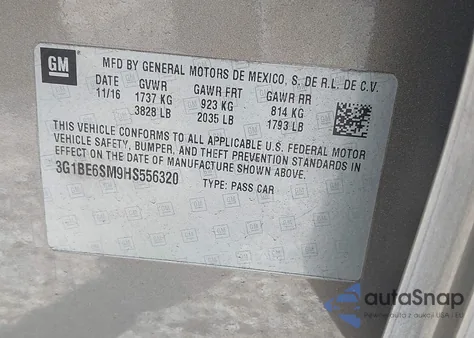 2017 Chevrolet Cruze Lt Auto from USA, damaged, VIN 3G1BE6SM9HS556320